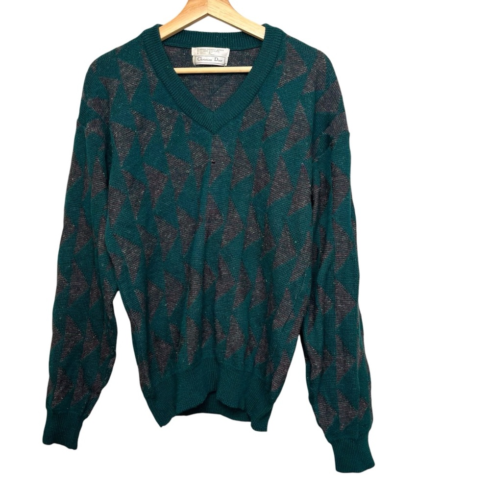 Vintage Christian Dior V Neck Wool Acrylic Blend Green‎ Triangles Print Size L